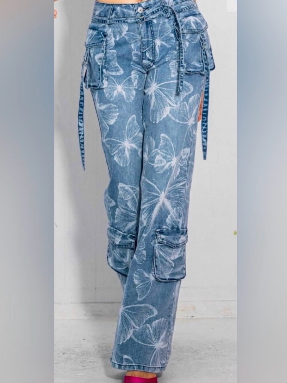 Vibrant Denim Cargo Pants Butterfly Print, 15, NWT